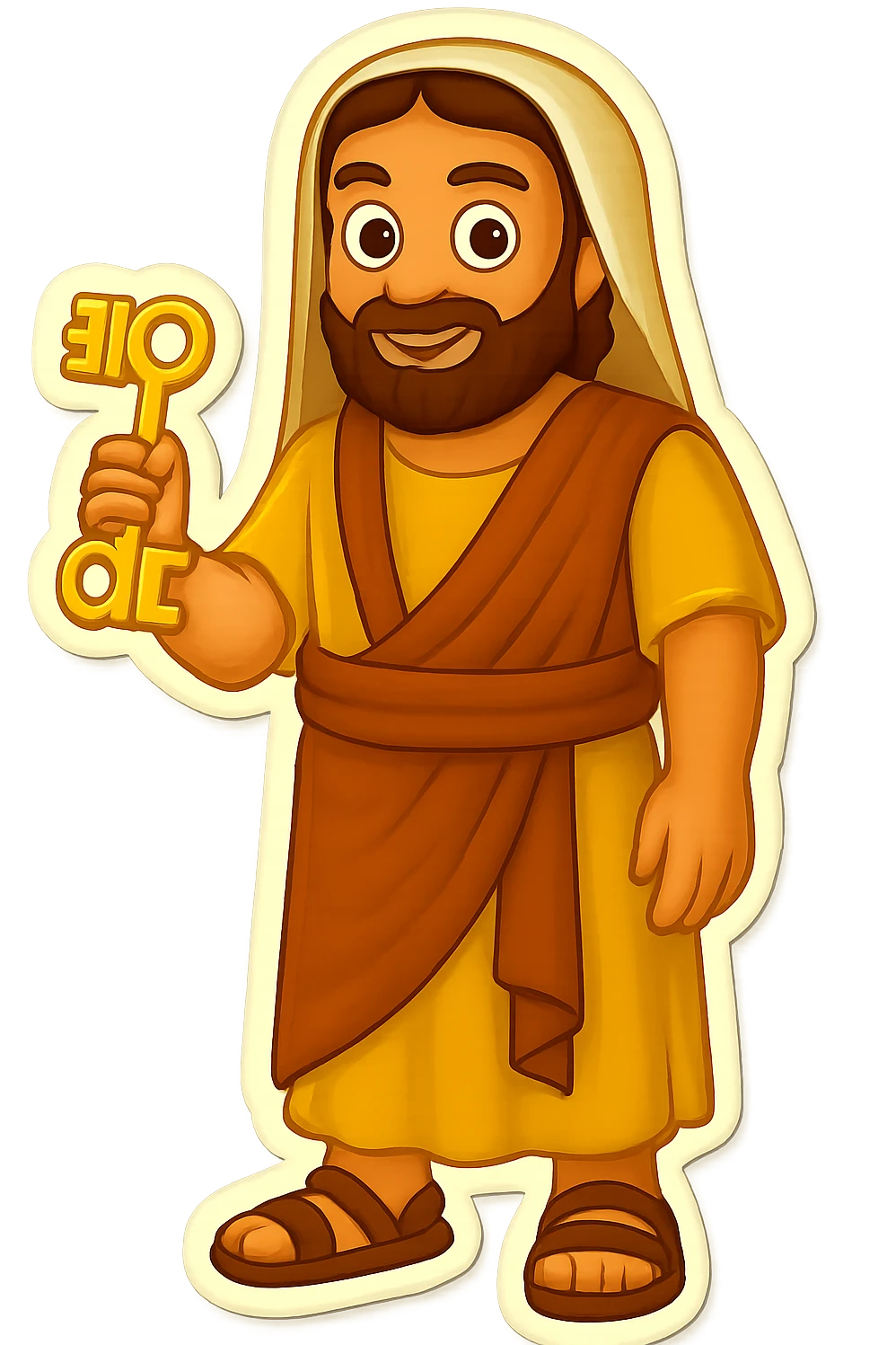 Make the colors even lighter and more saturated, matching the classic emoji yellow skin and bright robe style. Keep the sleeveless shirt and plain robes. Fullbody apostle Peter holding keys with full beard and intricate clothing, standing, no background. emoji
