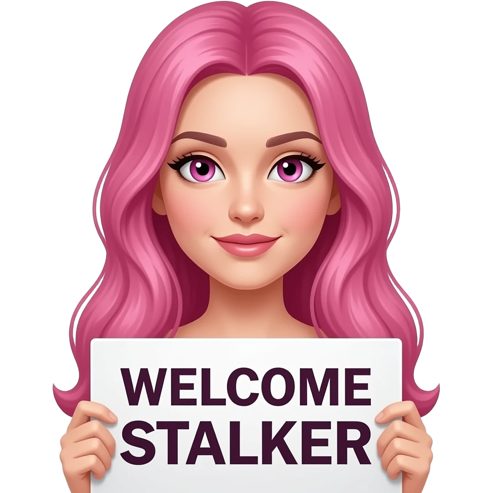 sexy girl with long pink hair and pink eyes wearing a holding a WELCOME STALKER sign emoji