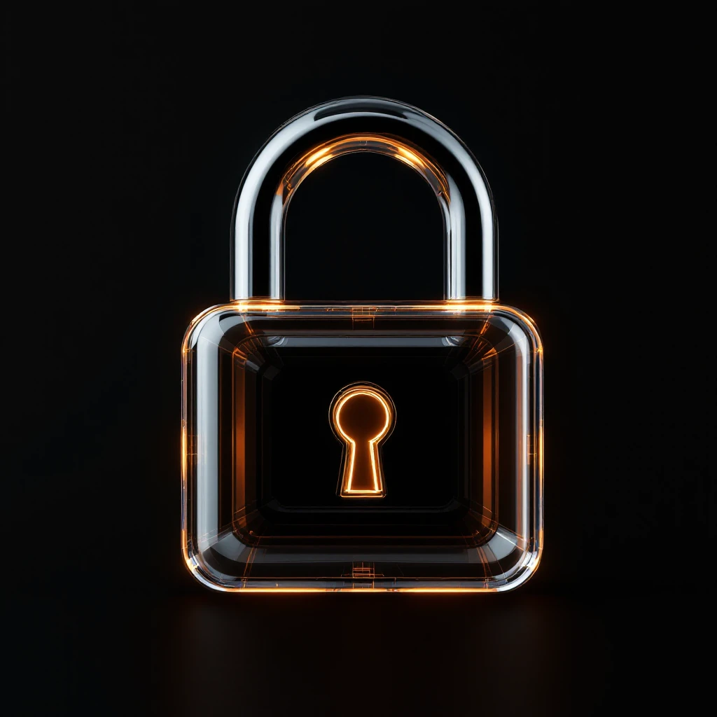 Photo of a 3d made of glass padlock, black solid background, symmetrical 3d render, rim light emoji