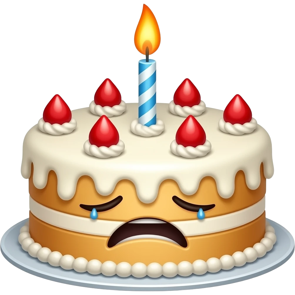 pathetic looking birthday cake with one melting candle emoji