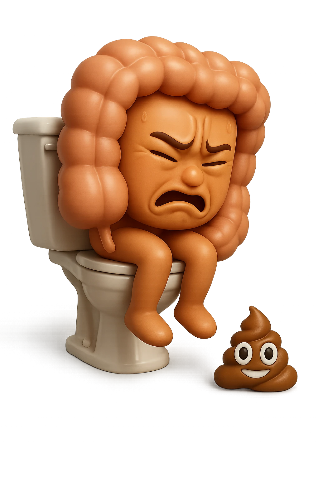 SU QUESTO STILE FAI UN EMOJI STILE IPHONE 3D DI UN INTESTINO CHE sta seduto sul wc e davanti ha una montagnetta di feci a palline stile emoji iphone, FAGLI UN ESPRESSIONE di dolore mentre si sforza E FALLO MOLTO REALISTICO IN 3D emoji