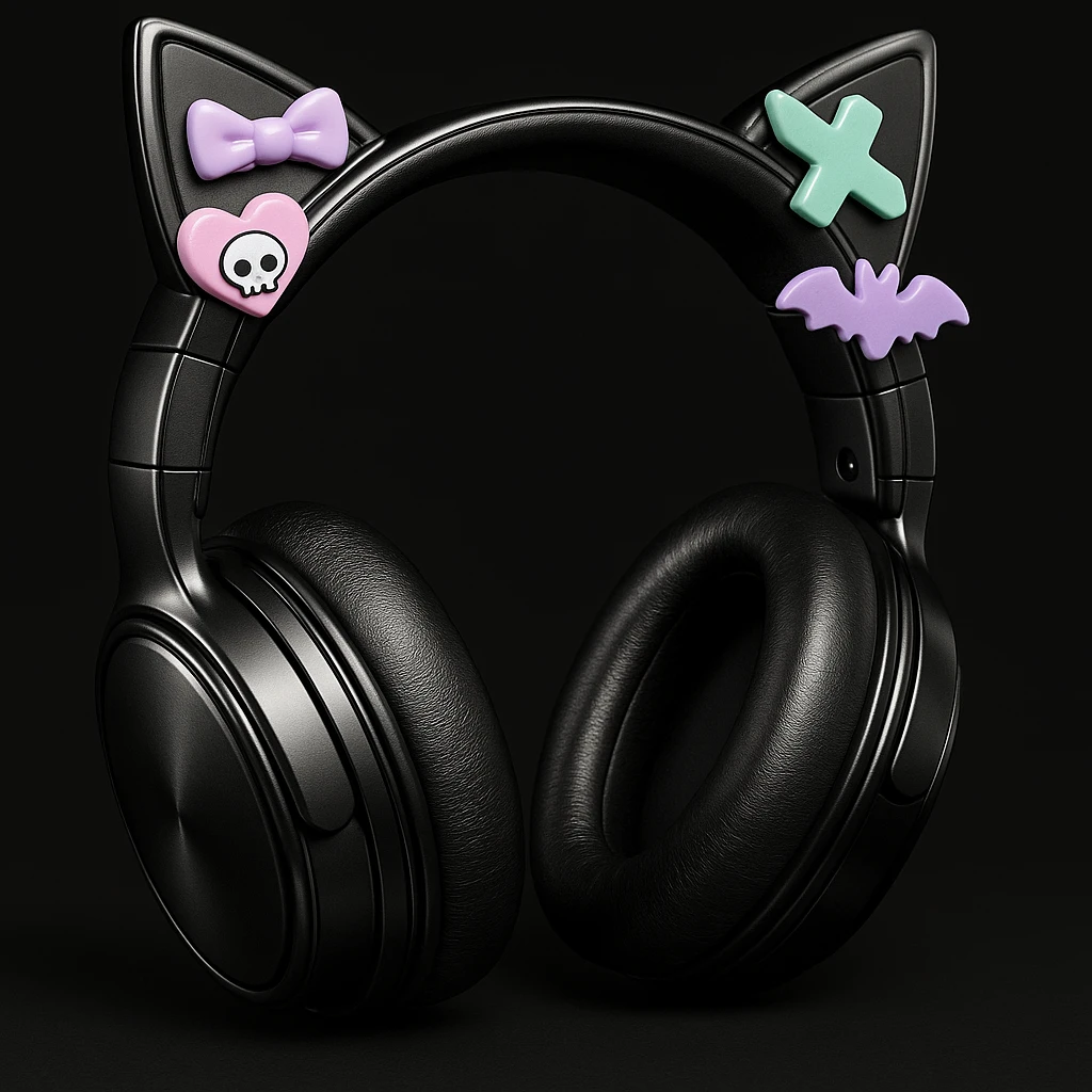 Add cute pastel goth hair clips to the cat ear headphones, keep the style and background as is. Maintain the original look and feel of the image. emoji