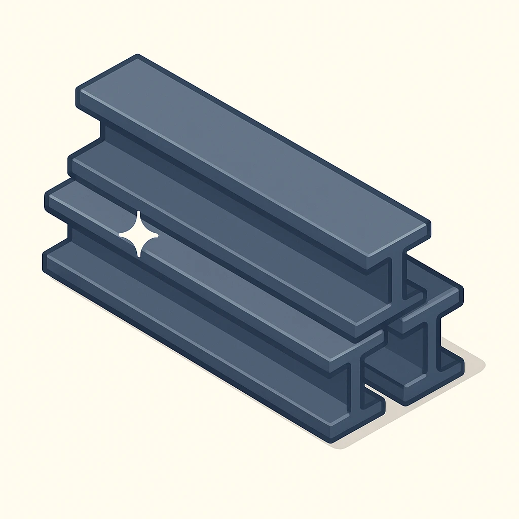 Create an isometric 3D view of three long steel I-beams, two positioned on the bottom and one on top, with metallic shine, matching the style and perspective of the reference image. emoji