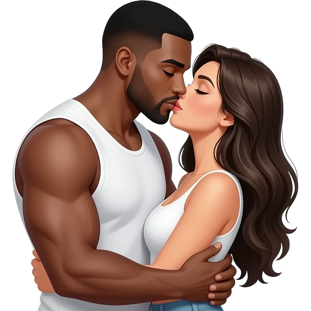 Black muscular man kissing Spanish woman with long hair hugging emoji