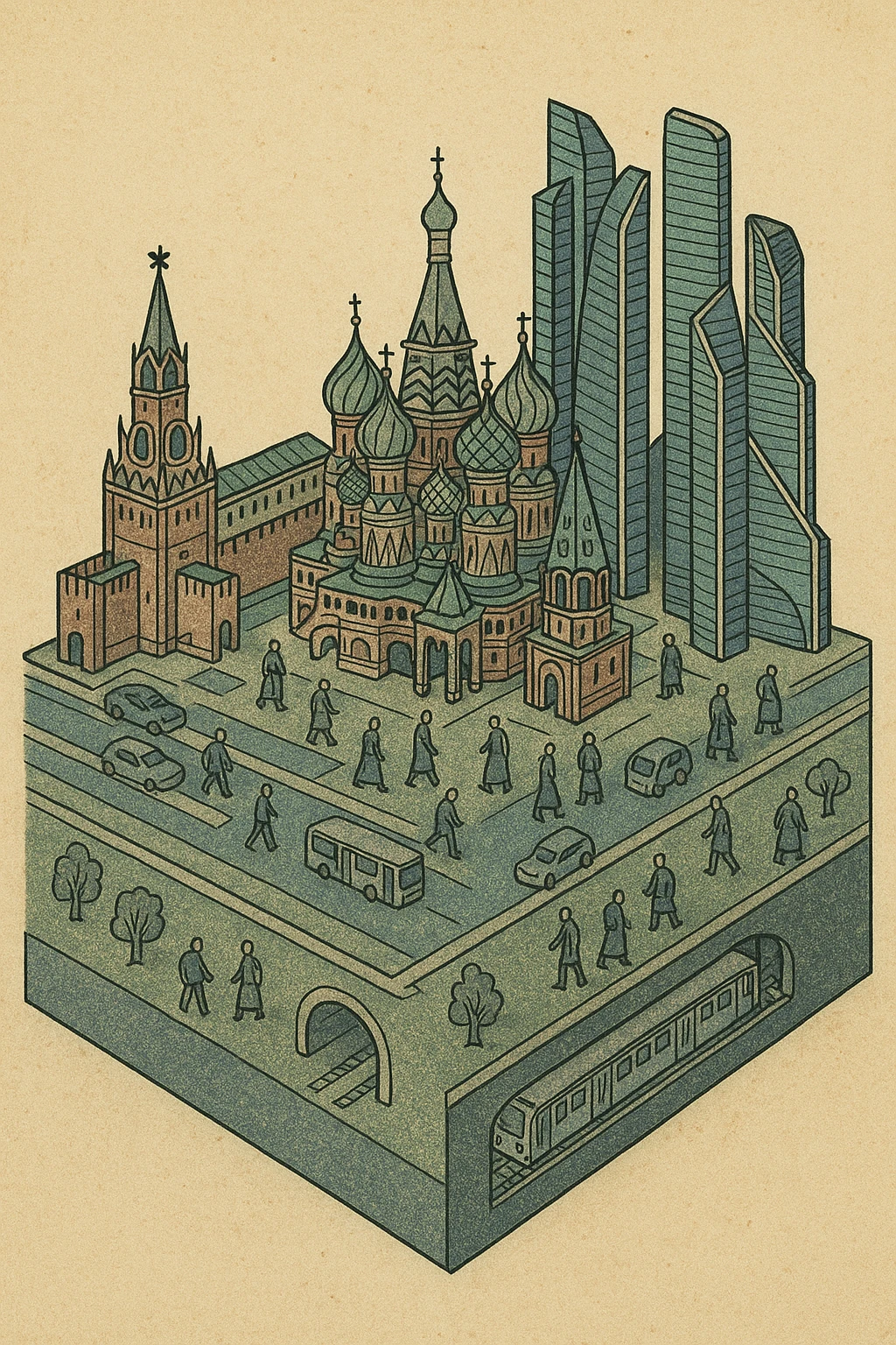 Изометричная миниатюрная 3D модель Москвы на подставке - фотореалистичный Кремль, собор Василия Блаженного, фотореалистичный Башни Москва-Сити, аккуратная детализация, яркие цвета, мультяшный реализм, гуляют люди и современный автотранспорт и метро, компактная композиция, вид сверху в изометрии emoji