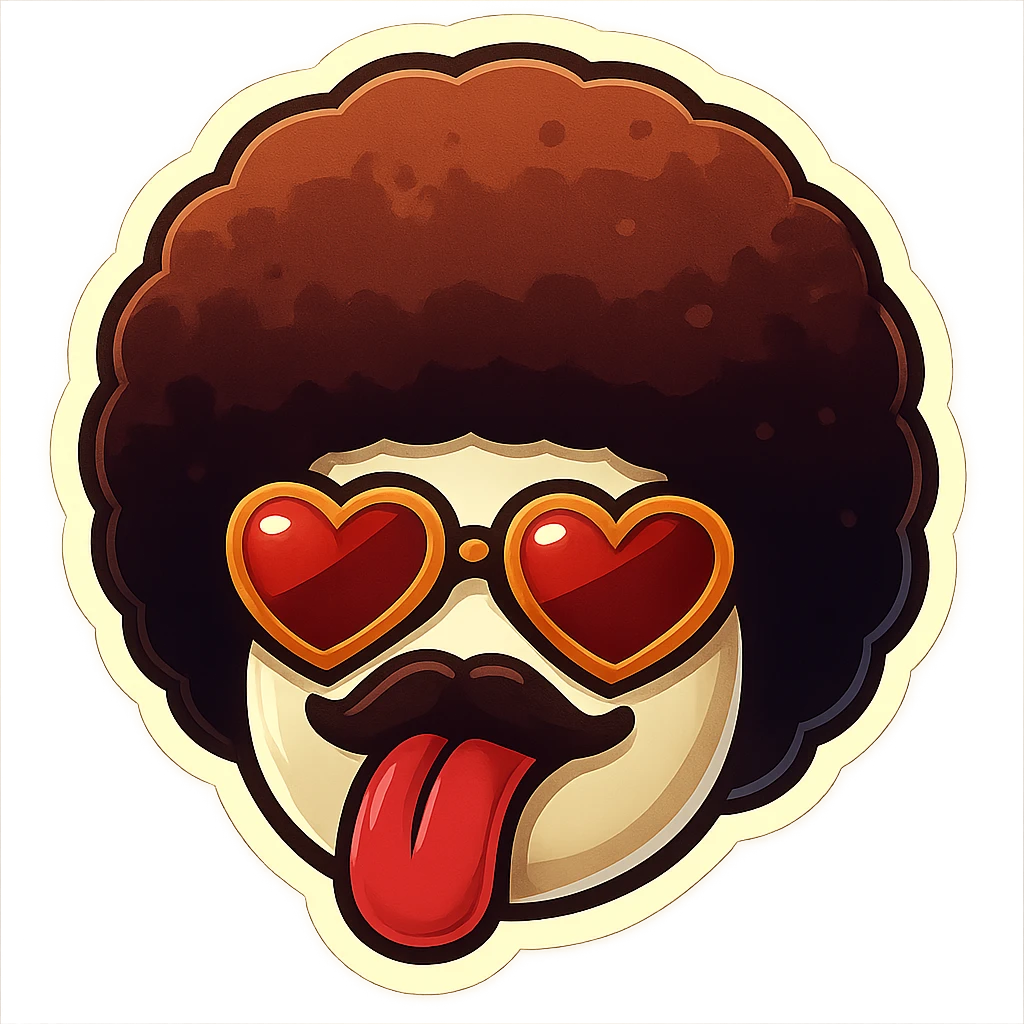 White circle face, afro, heart glasses, big heart eyes, tounge rolled out emoji