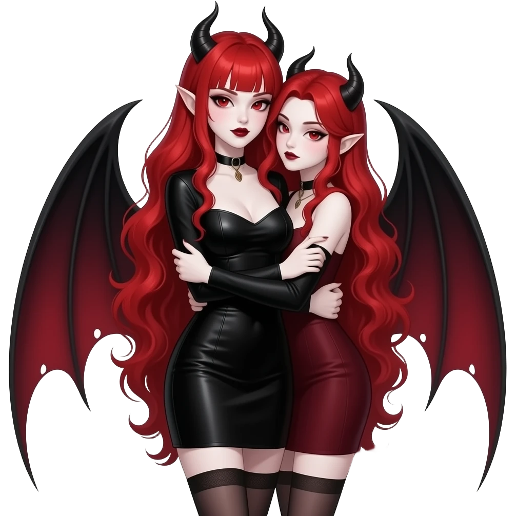 Vampiro femmina con pelle bianca capelli lunghi  rosso fuoco ondulati e la frangetta che indossa una vestito stretto in vita e largo sotto nero con maniche lunghe e anfibi che arrivano alle ginocchia che sta abbracciando un altro vampiro emoji