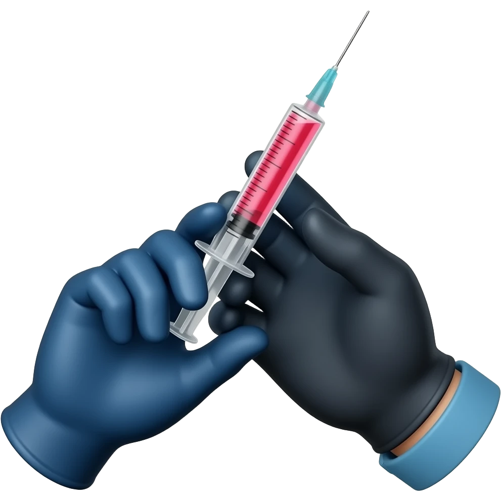 A gloved dainty male hand holding a syringe with glowing neon-red liquid inside. The glove is black but is cobalt-blue on the palm Side emoji