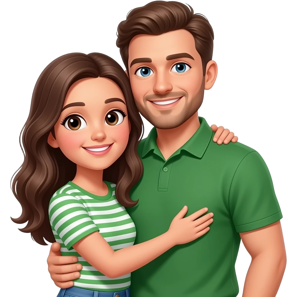 Young, tall brunette Australian hugging tall Greek guy wearing green emoji