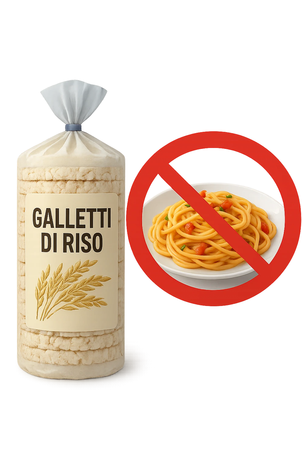 confezione di gallette di riso con accanto un piatto di pasta con divieto sopra, in italiano,  realistici emoji