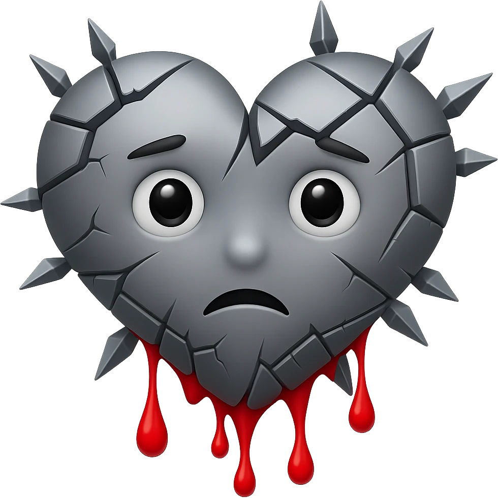 A broken heart emoji, fractured into sharp, jagged pieces, with a sense of sadness and loss, dripping blood, in the style of Apple emoji. emoji