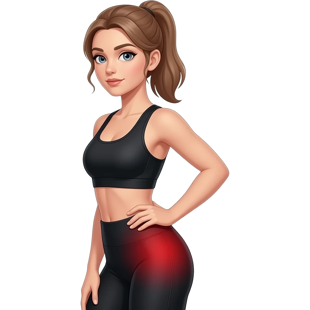 glute pain, full red glow covering the entire glute and hip area, side pose, woman touching hip and glute area, fair-skinned woman, gray-blue eyes, ash brown brows, ash light brown hair tied back, slim athletic body, black workout set emoji