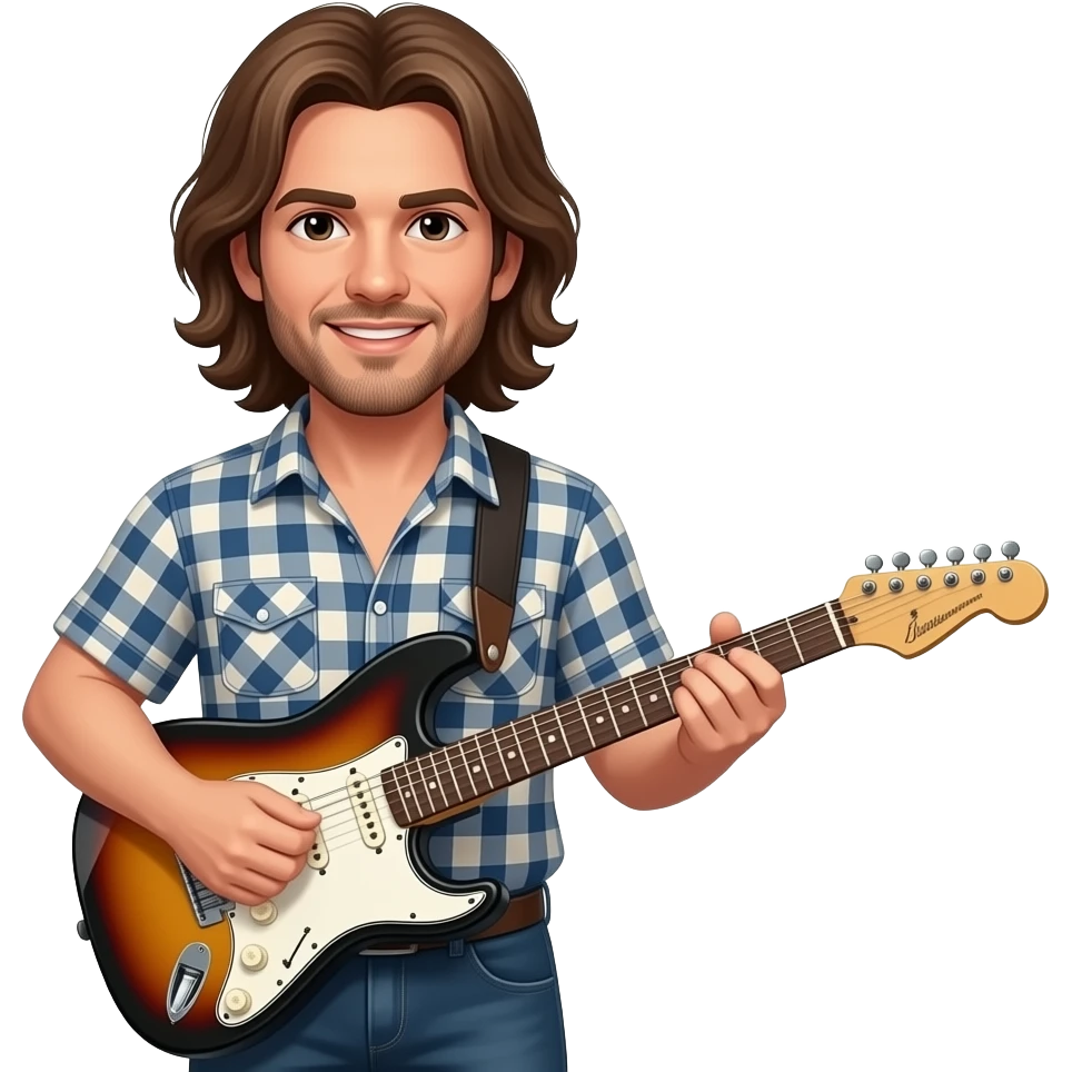 man with long brown hair, electro guitar, completely opened checkered shirt,  logo "pearl jam" on shirt emoji