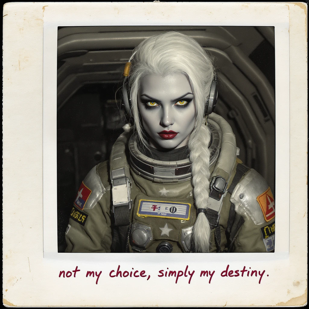 a retro military pinup fuselage decoration for the motto " not my choice, simply my destiny "
the female figure, white hair 1 braid, gold yellow eyes, spacer, fierce, exo-rogue, menacing emoji