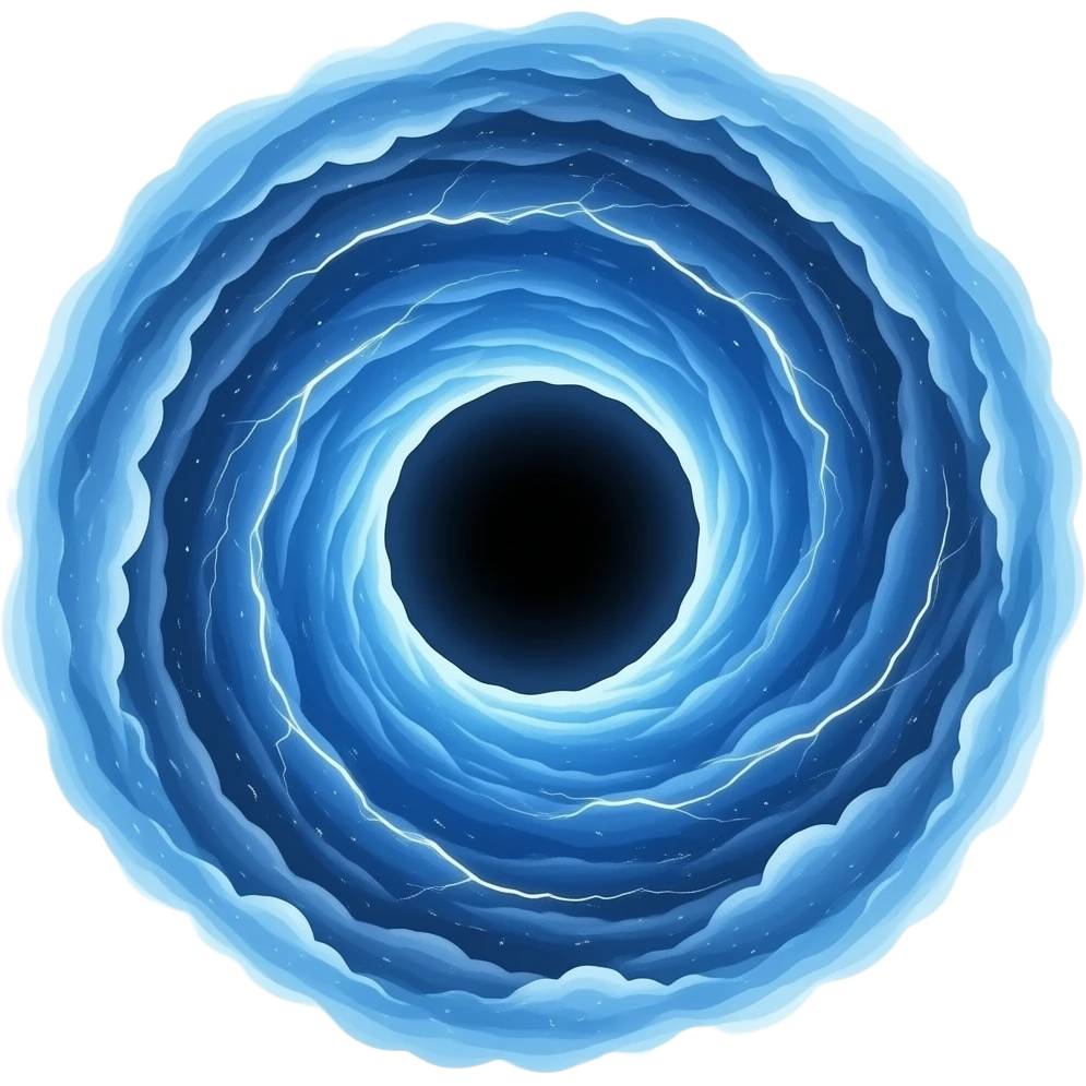 Blue  round black hole in space made up of spiral clouds and electric sparks emoji
