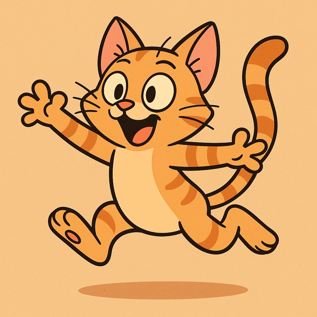 a playful cat jumping, flat toon style, vibrant colors, dynamic and cute emoji