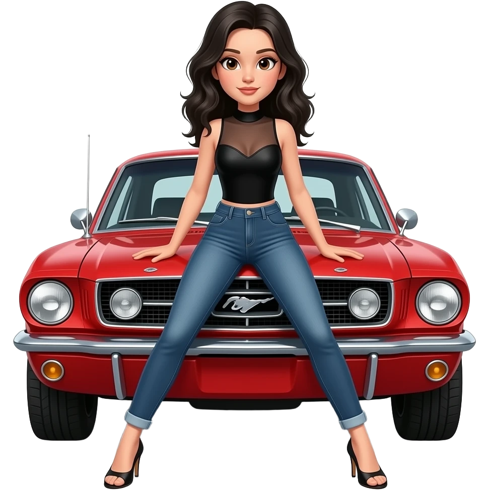 Pale girl with black wavy hair and brown eyes in front of a red ford mustang 1968 coupe. Girl wearing a sheer black sleeveless top, medium neckline, jeans and heels with visible toes. Legs wide spread and hands resting on the hood. emoji