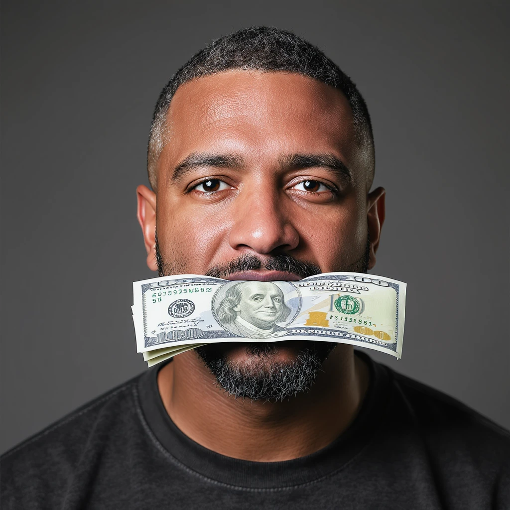 realistic style portrait of a man with money stuffed in his mouth emoji