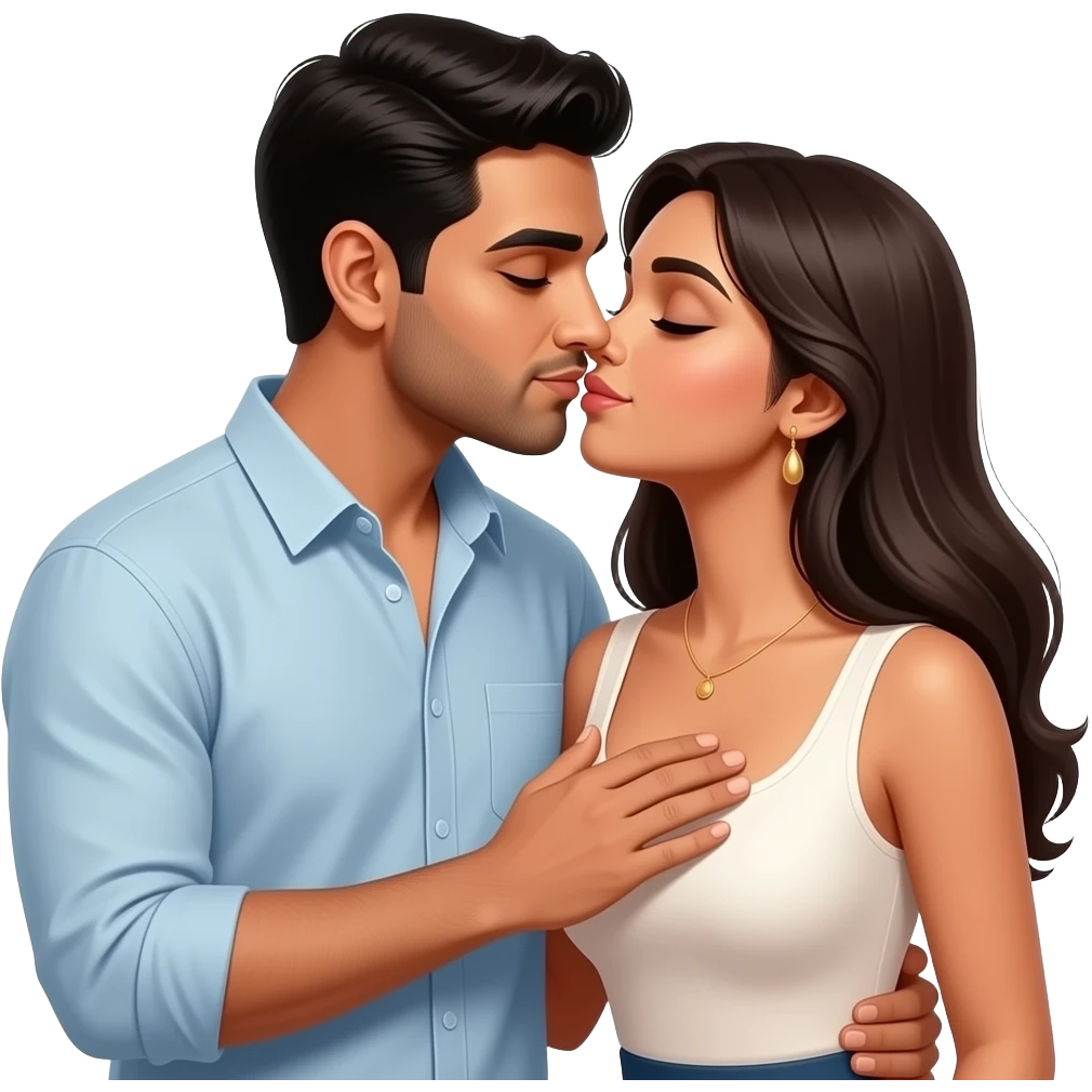 Husband kissing wife lovingly Indian couple modern casual dress. Husband hand on wife chest. Lady low neck, husband no beard no moustache emoji