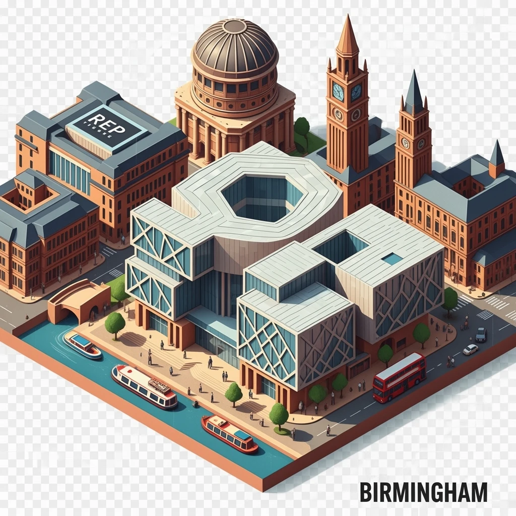 Isometric illustration of Birmingham, featuring the Library of Birmingham with its modern architecture, balanced between stylized and realistic, 3D miniature effect, transparent background. emoji