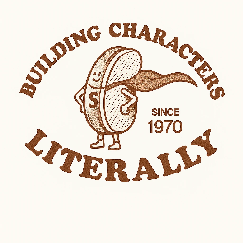change the text here to be "building characters" on top "literally" on the bottom emoji