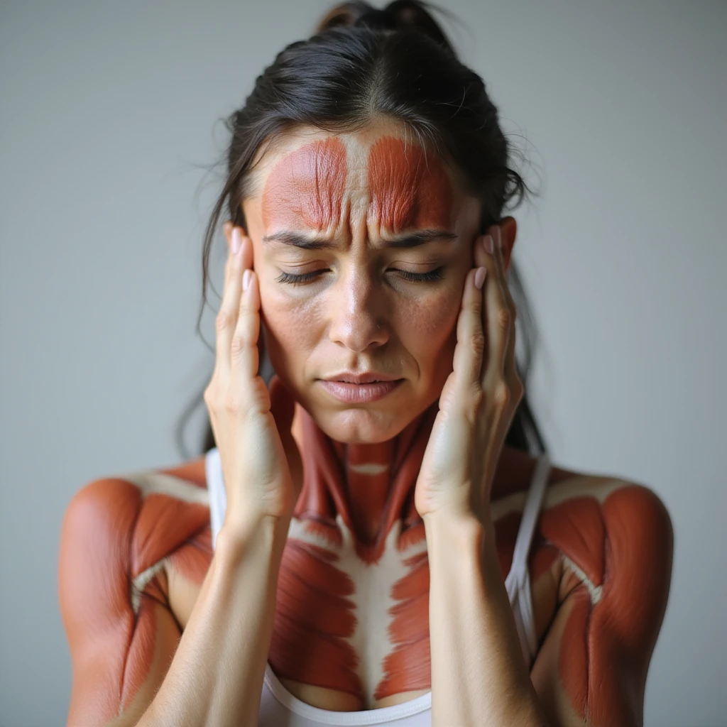 hyperrealistic 4K quality image of a woman with muscle-tension headache, suffering face, hands pressing on temples, tense and reddened neck and shoulder muscles, realistic anatomical details, neutral background emoji