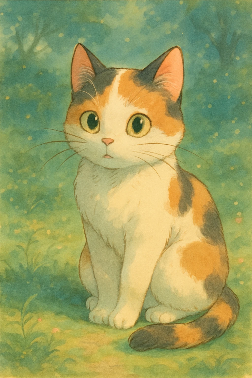 calico cat, soft and whimsical, ghibli style emoji