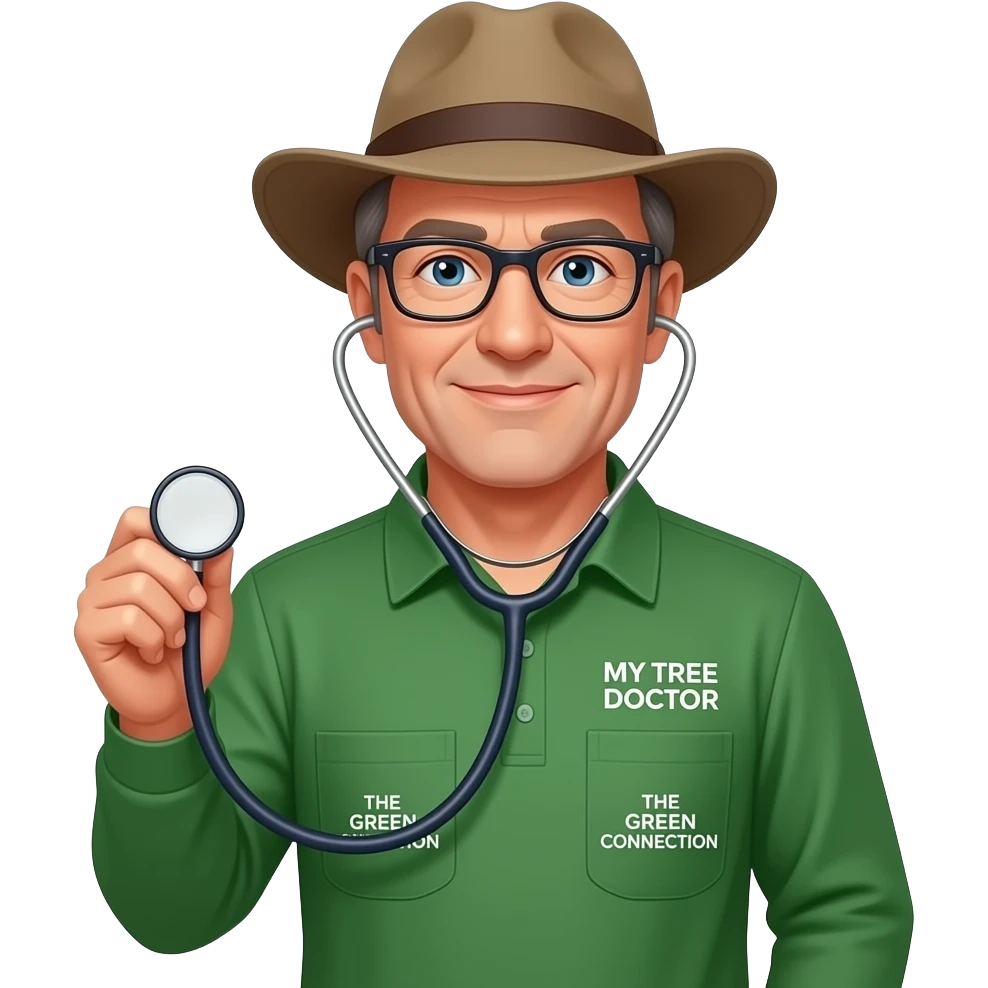 middle-aged man blue eyes. Dark rectangle glasses, in a green-collared, long-sleeve shirt.  Flatter wider-brim Australian Akubru hat. Holding a stethoscope. Insert 'THE GREEN CONNECTION' in white directly onto the left pocket & onto the right pocket, place only the words 'MY TREE DOCTOR' emoji