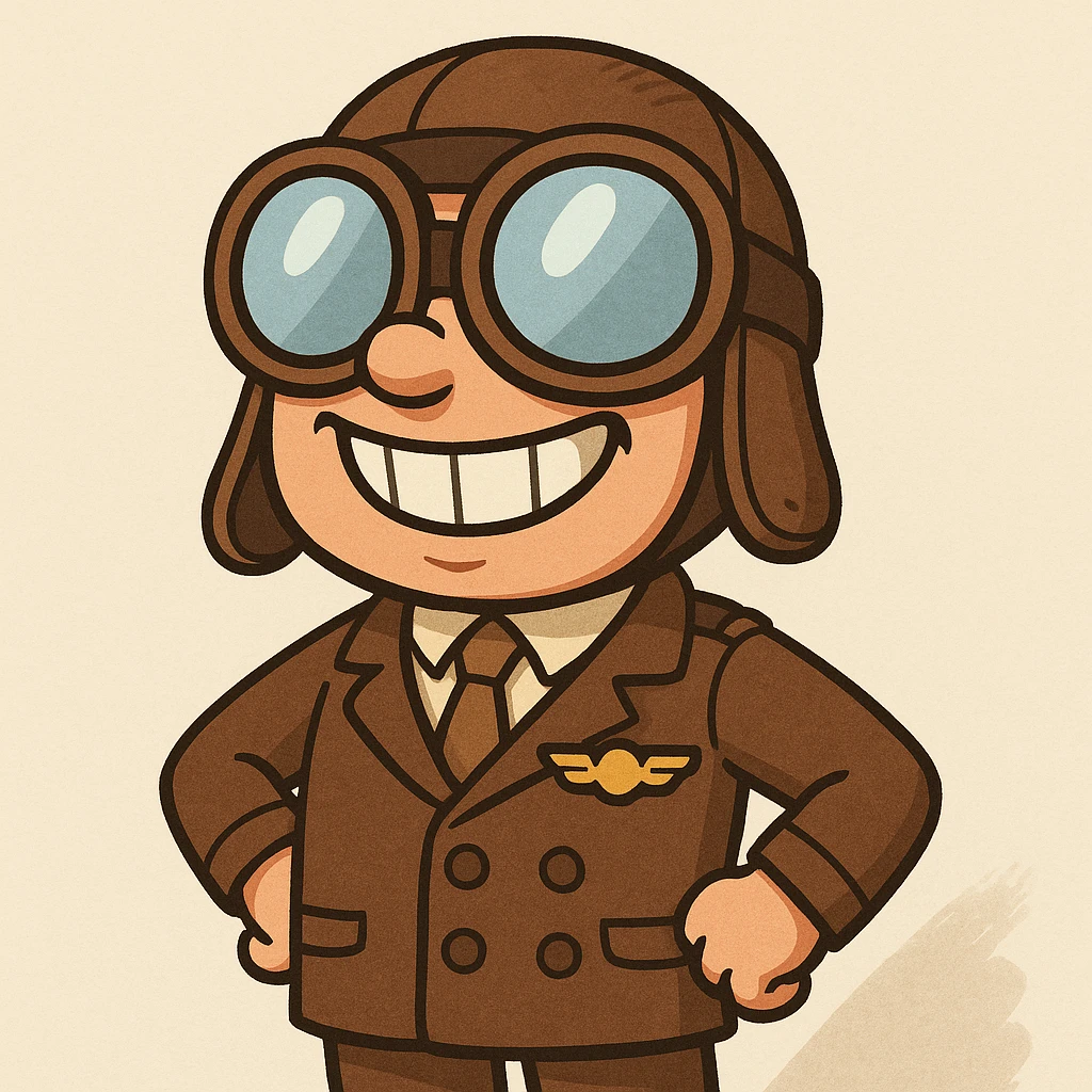a pilot in cartoon style, with oversized goggles and big smile, neutral background emoji
