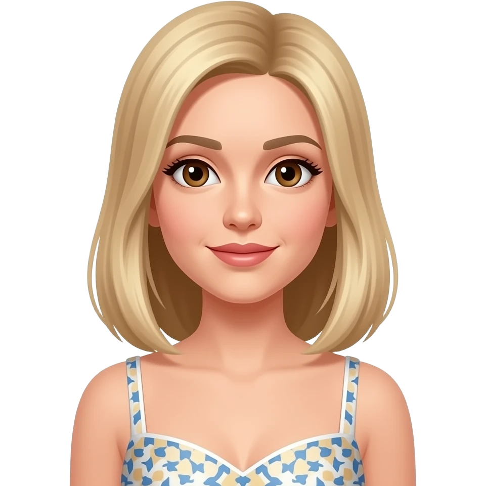 femme, cheveux mi-longs blonds lisses, yeux marrons, en belle robe emoji