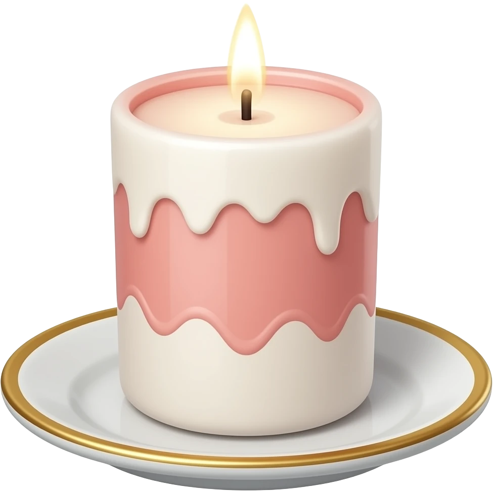 Thin tall petite cute slim dainty Pastel Reddish-pinkish and gold and white vintage candle on a tiny narrow plate emoji
