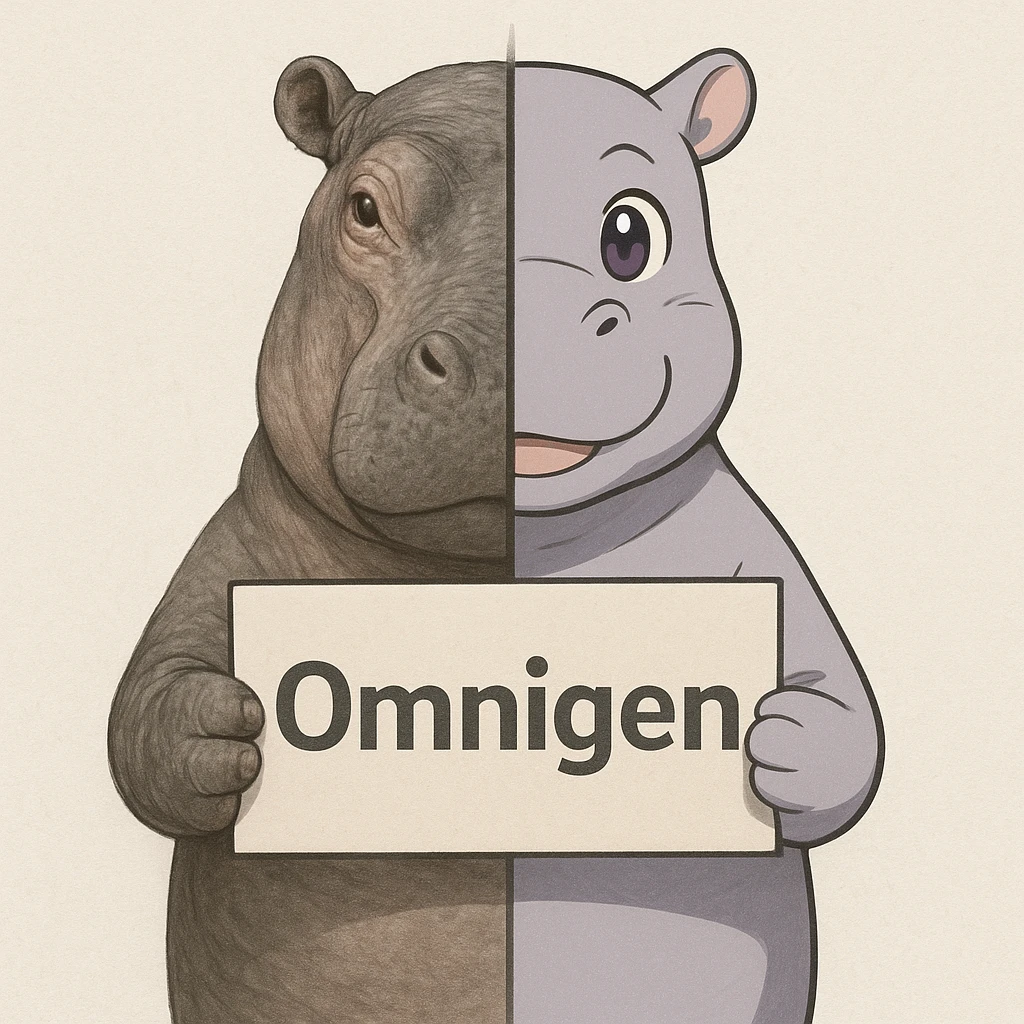 a hippo holding sign of omnigen, half picture hippo is realistic another hald is the anime of that same hippo emoji