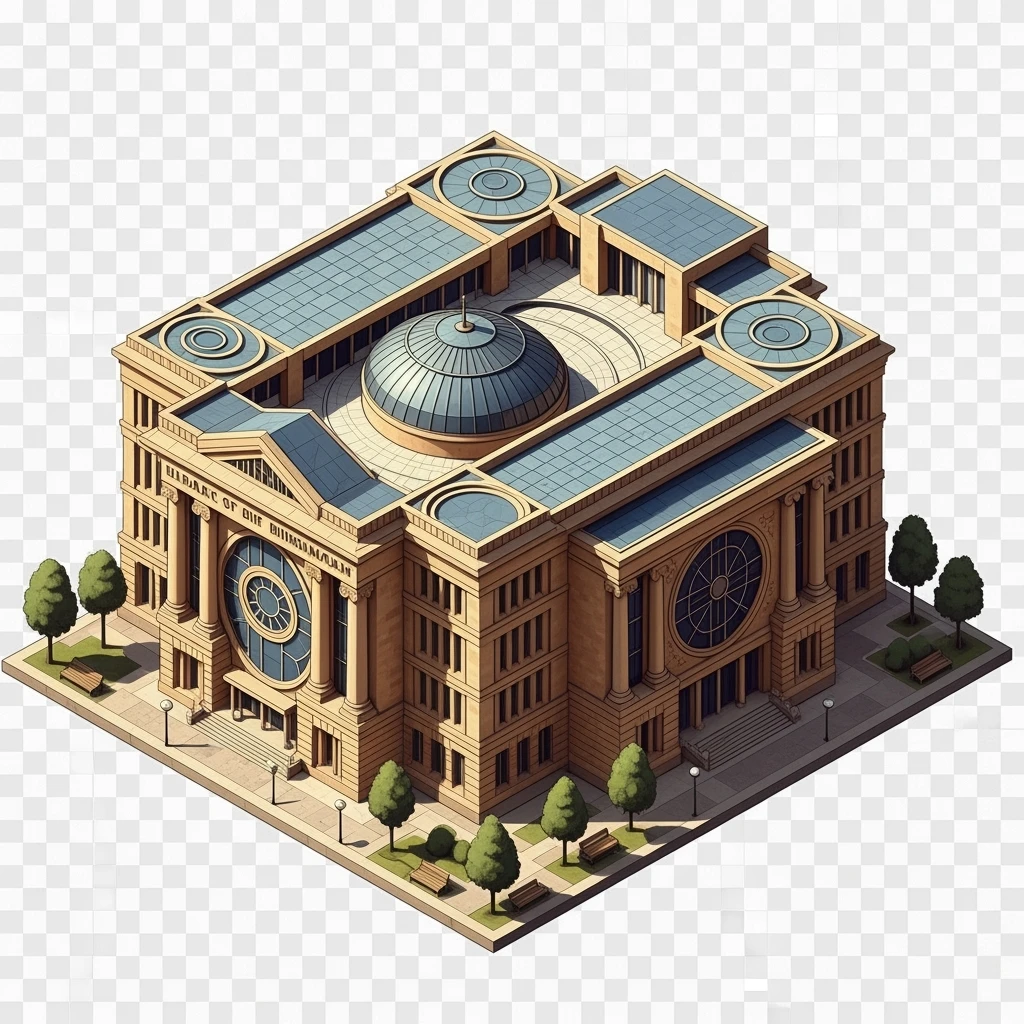 Isometric illustration of photorealistic Birmingham library highly detailed in semi-realistic, 3D miniature effect, transparent background. emoji