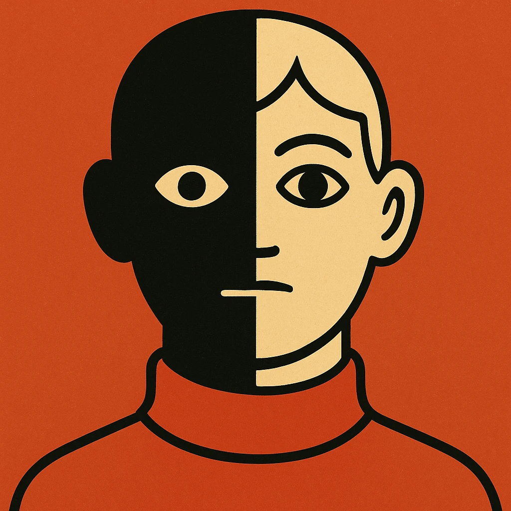 A stylized character with a black-and-white face split vertically down the middle: the left side of the face is completely black with a white eye, and the right side is white with a black eye. The character is wearing a red turtleneck sweater. emoji