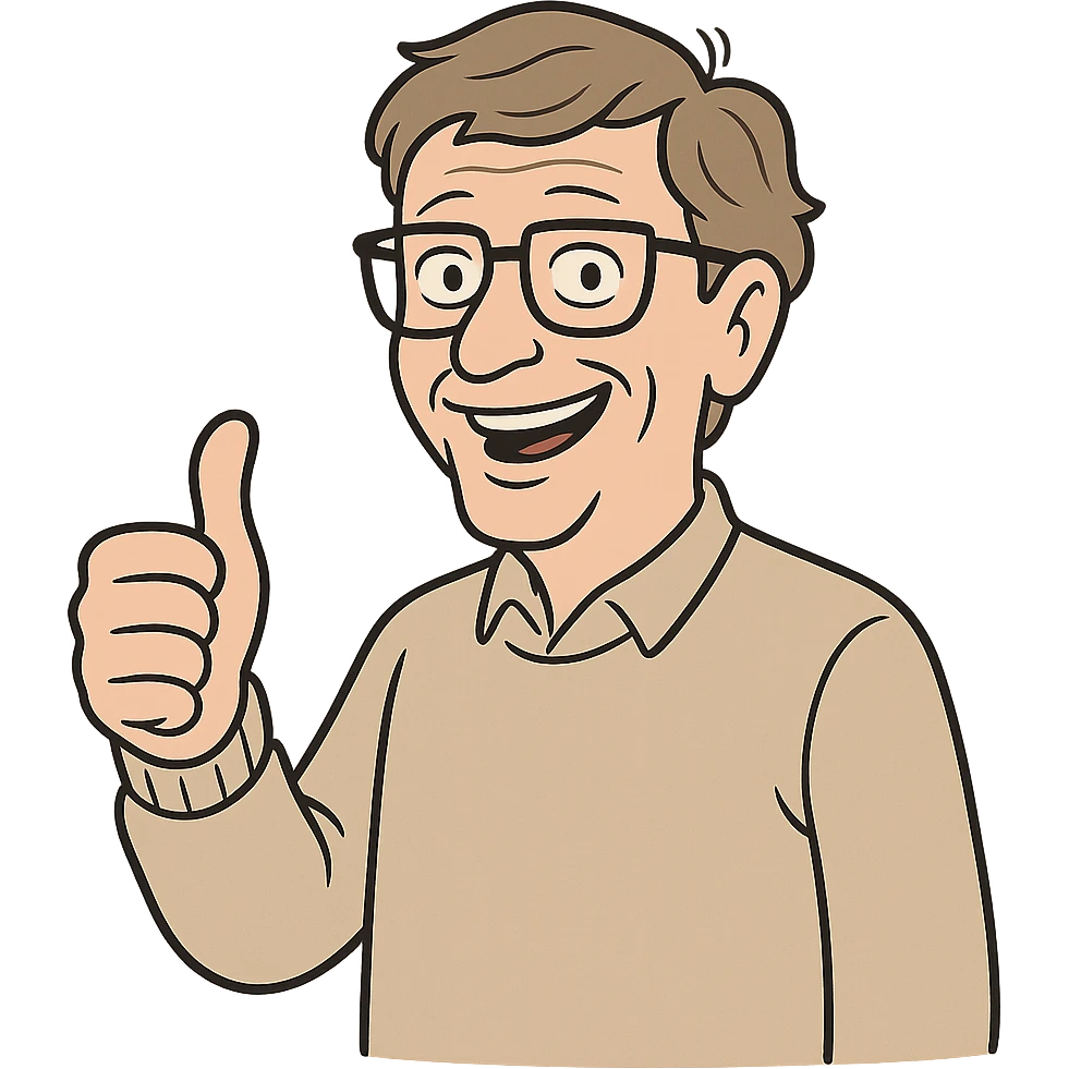 Bill Gates giving a thumbs up, simple and bold lines, flat toon style emoji