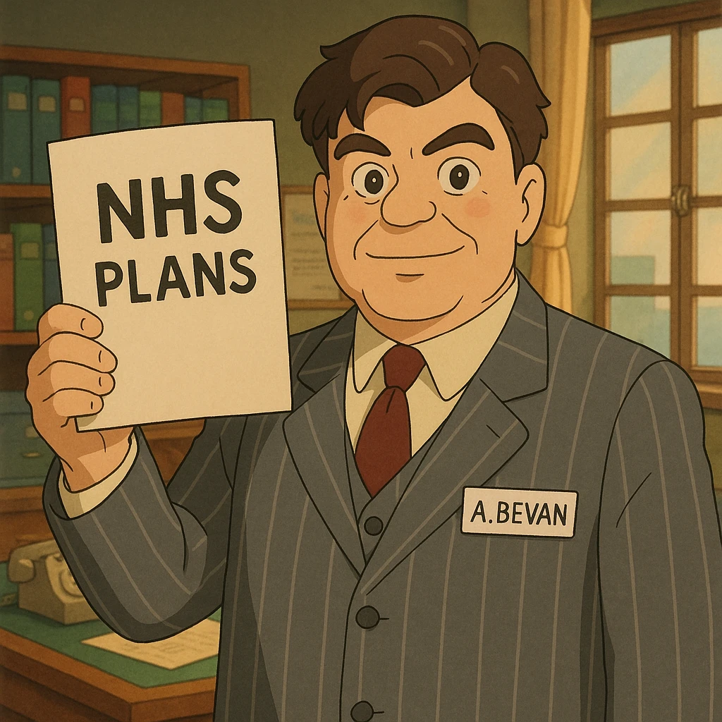 A 1930s middle aged man wearing a grey pinstripe suite holding up an official document with the words 'NHS Plans' with an office background. Give him a name badge with A. Bevan written on it emoji