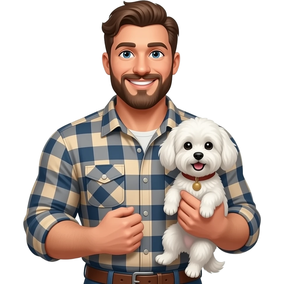 a developer very tall, big guy , always in good mood with  lumber jack shirt, has some French beard, a white small dog, really into sailing emoji