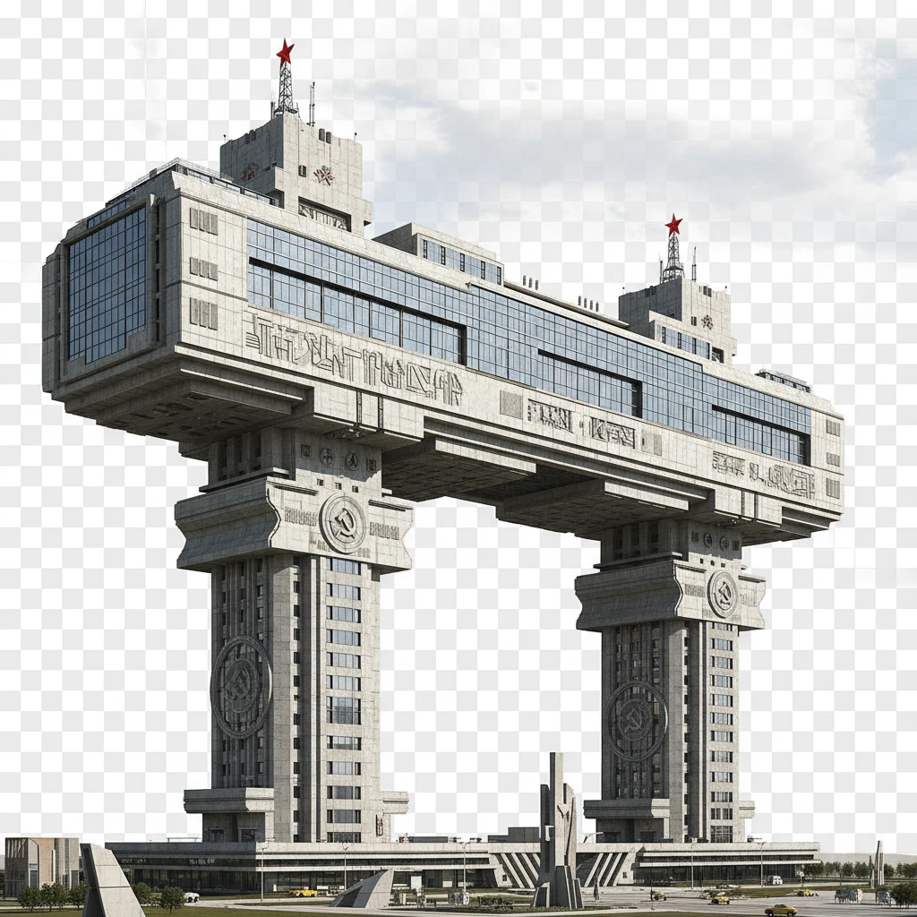 Удлиненная панелька-небоскреб в стиле Москва-Сити, если бы ее строили в позднем СССР в 2025 году. Стоит на двух высоких небоскребах, которые как опоры держат ее на себе.

Фотореализм. Абсолютно прозрачный фон emoji