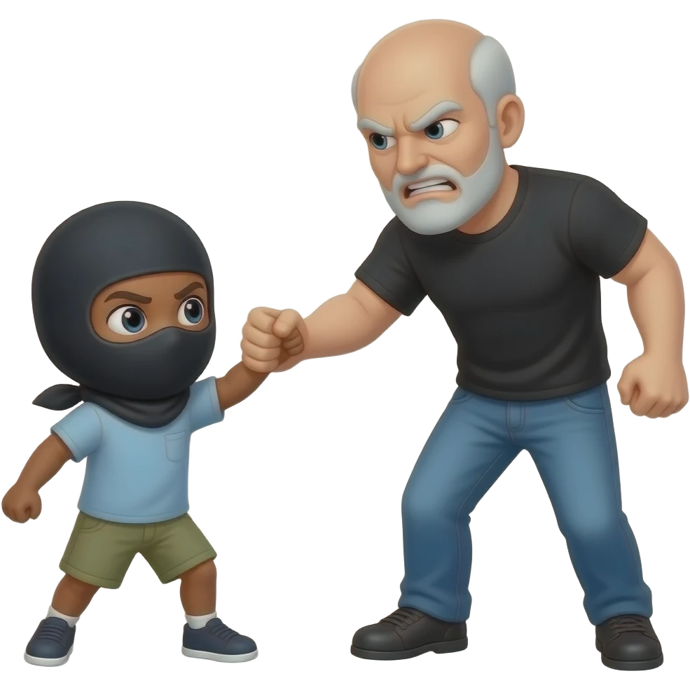 black child wearing a balaclava on getting beat up by a bald angry old white guy with a black goatee emoji