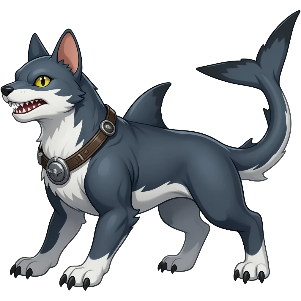 4-legged digitigrade dark badass edgy landhai-Latias-Latios-carvanha-sharpedo-sergal-houndoom-Manectric-hybrid-fusion-creature, with a long shark tail behind, full body emoji