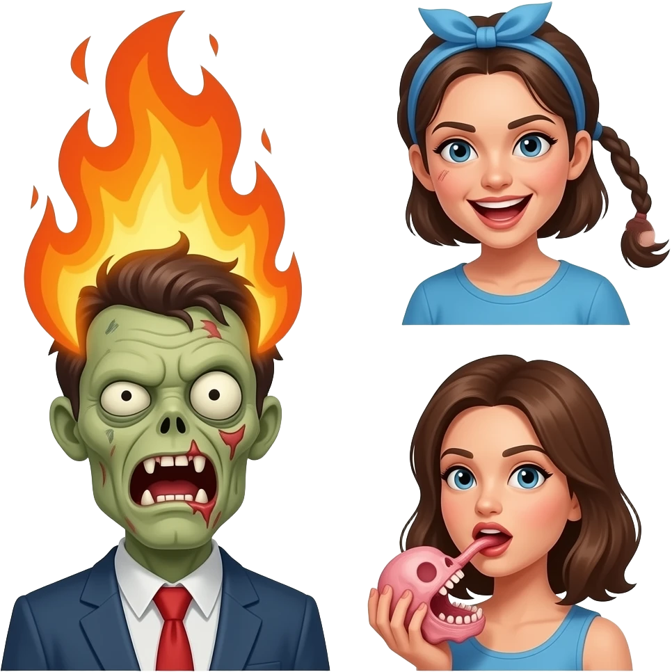 Super zombie on fire crazy lady slurping brains emoji