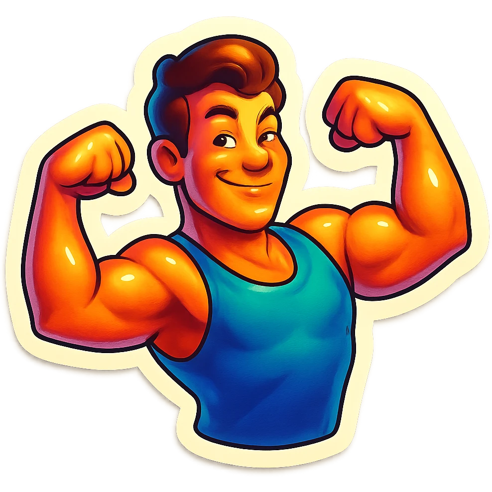 A man flexing his muscles, with a playful smirk, stylized sticker emoji