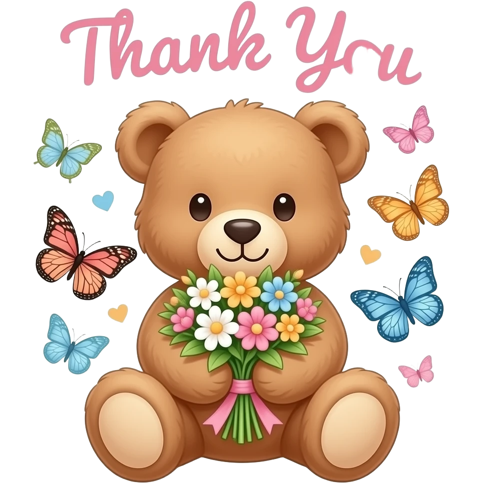Adorable teddy bear sitting with a bouquet of pastel flowers, butterflies flying around, “Thank You” written in cute bubbly letters, soft pink and cream aesthetic, kawaii style sticker. emoji