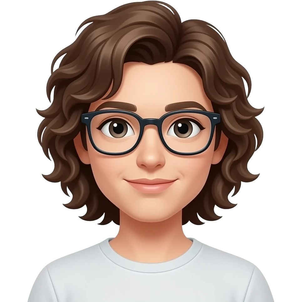 Brown medium length curly hair and clear glasses emoji
