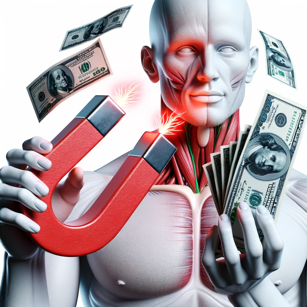 corpo umano anatomico con calamita rossa in mano che attira banconote, iperrealistica 4k, isolato su sfondo bianco emoji