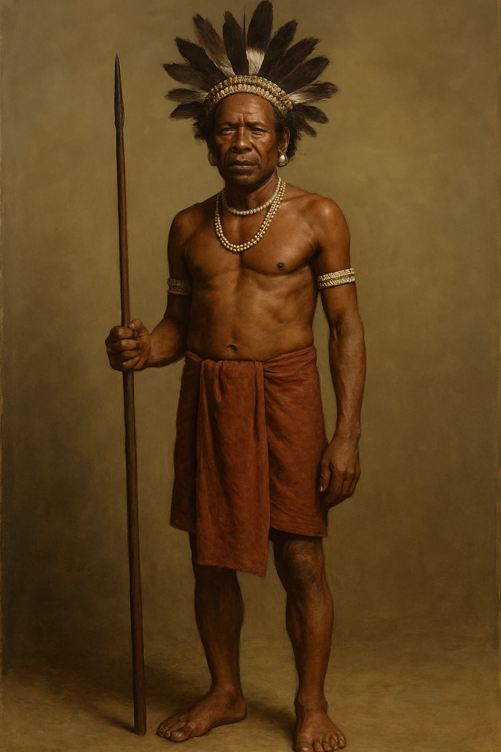 Сгенерируй мне в стиле реалистичной живописи человека из племени индонезии, в полный рост на однородном фоне emoji