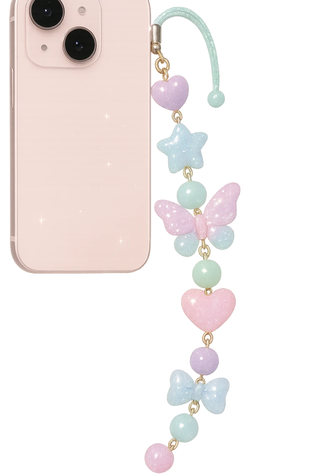 girly sparkling phone charm, pastel colors, no background, shiny and glittering emoji