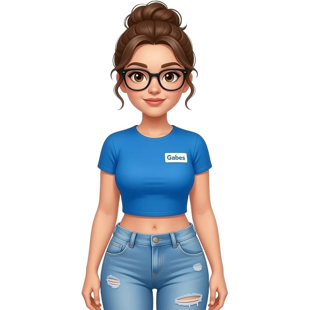 A lightly Freckled face, brown eyed woman with brown messy bun and black frame glasses with big boobs and blue tshirt, with a name tag on the upper right side of her shirt that's a white tag and says Gabes in blue letters,  also with low rise light was ripped skinny jeansig booty. emoji