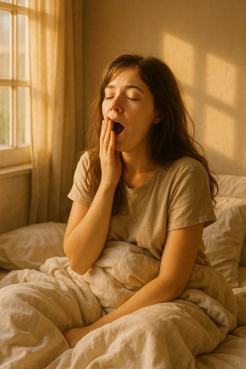a girl with brown hair yawning after waking up, cozy morning scene, soft warm light emoji