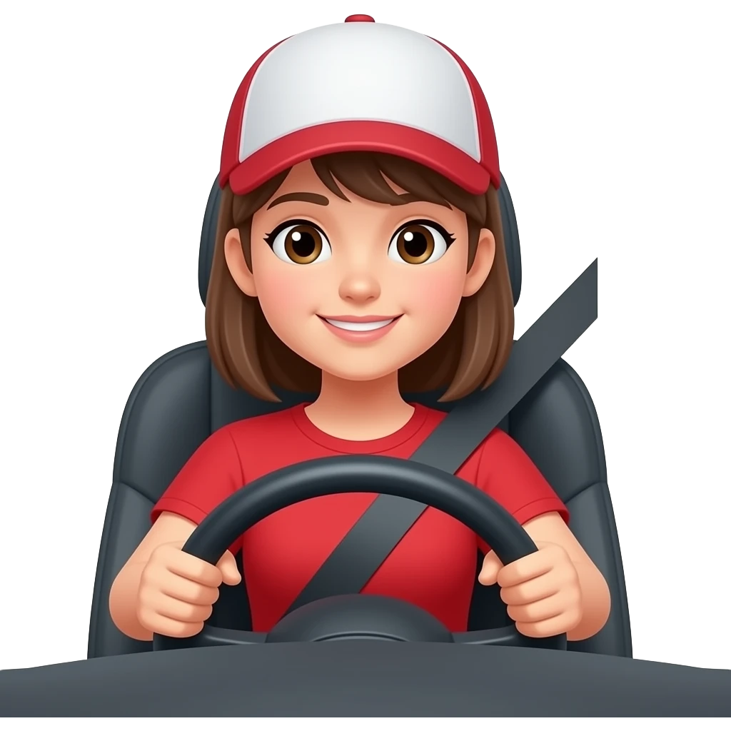 a girl with red shirt and wear a cap driving with seat belt close up full steering wheel emoji